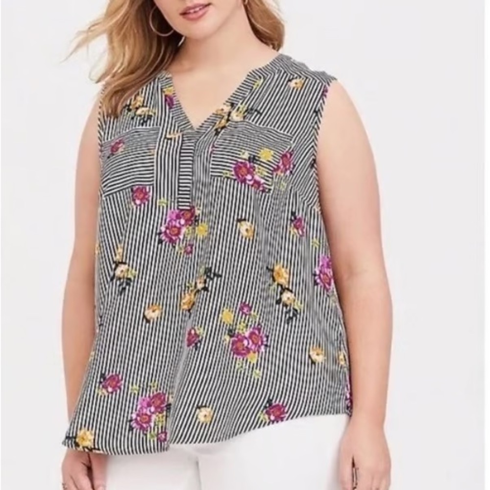 Torrid Black and White Striped Floral Blouse Size 2